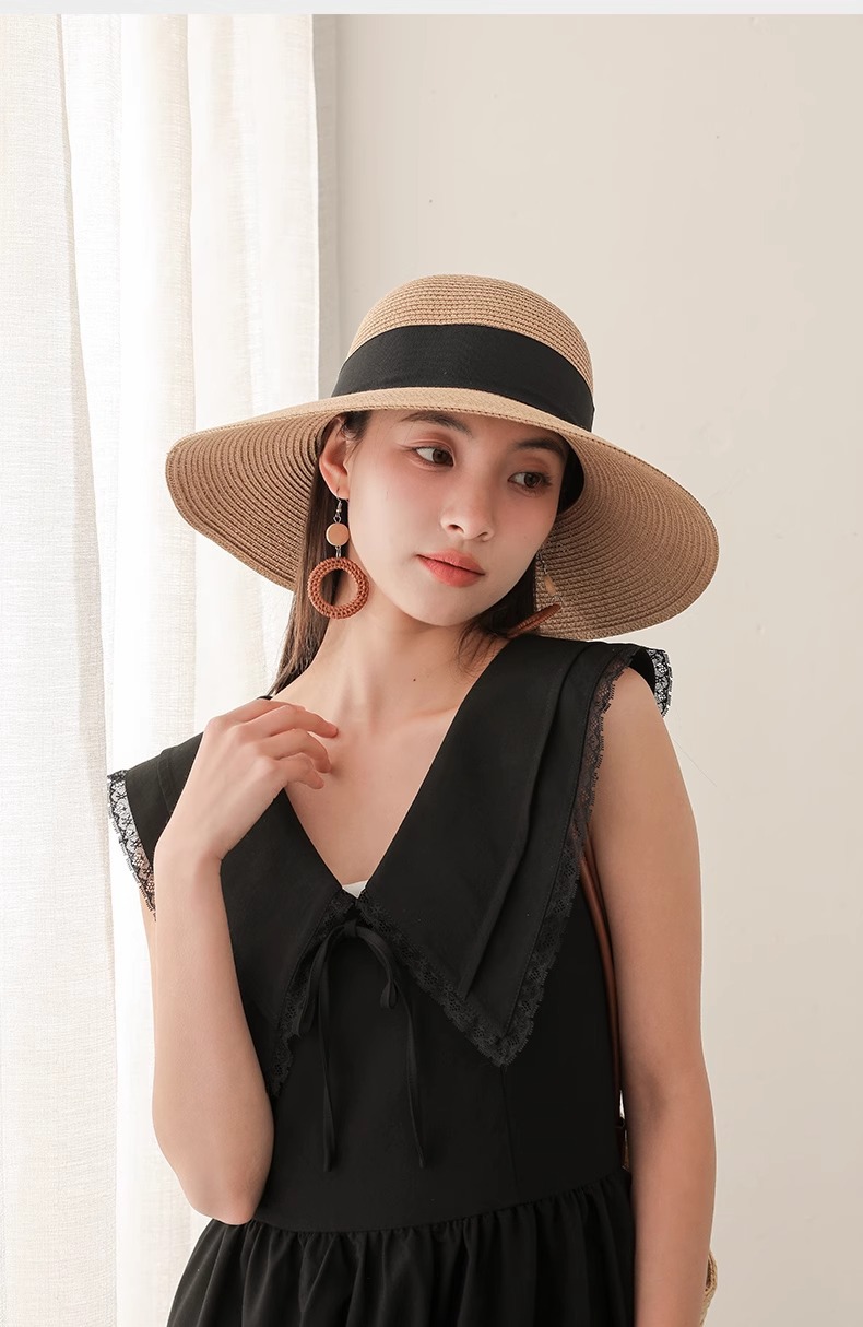 2025New Straw Sun Hat Wide Brim Beach Hat with Black Bow